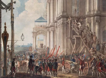 Katharina II. auf dem Balkon des Winterpalastes, begrüßt von Wachen und Volk am Tag der Palastrevolution, 28. Juni 1762